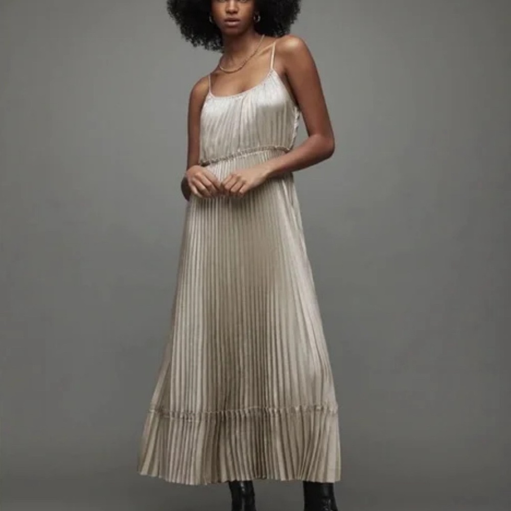 NWOT Allsaints Silvi Metalic Cream Champagne Plated Dress Size XS